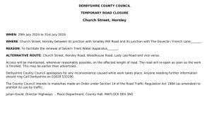 Temporary Road Closure: Church Street Horsley, 29th July 2024  to 31st July 2024